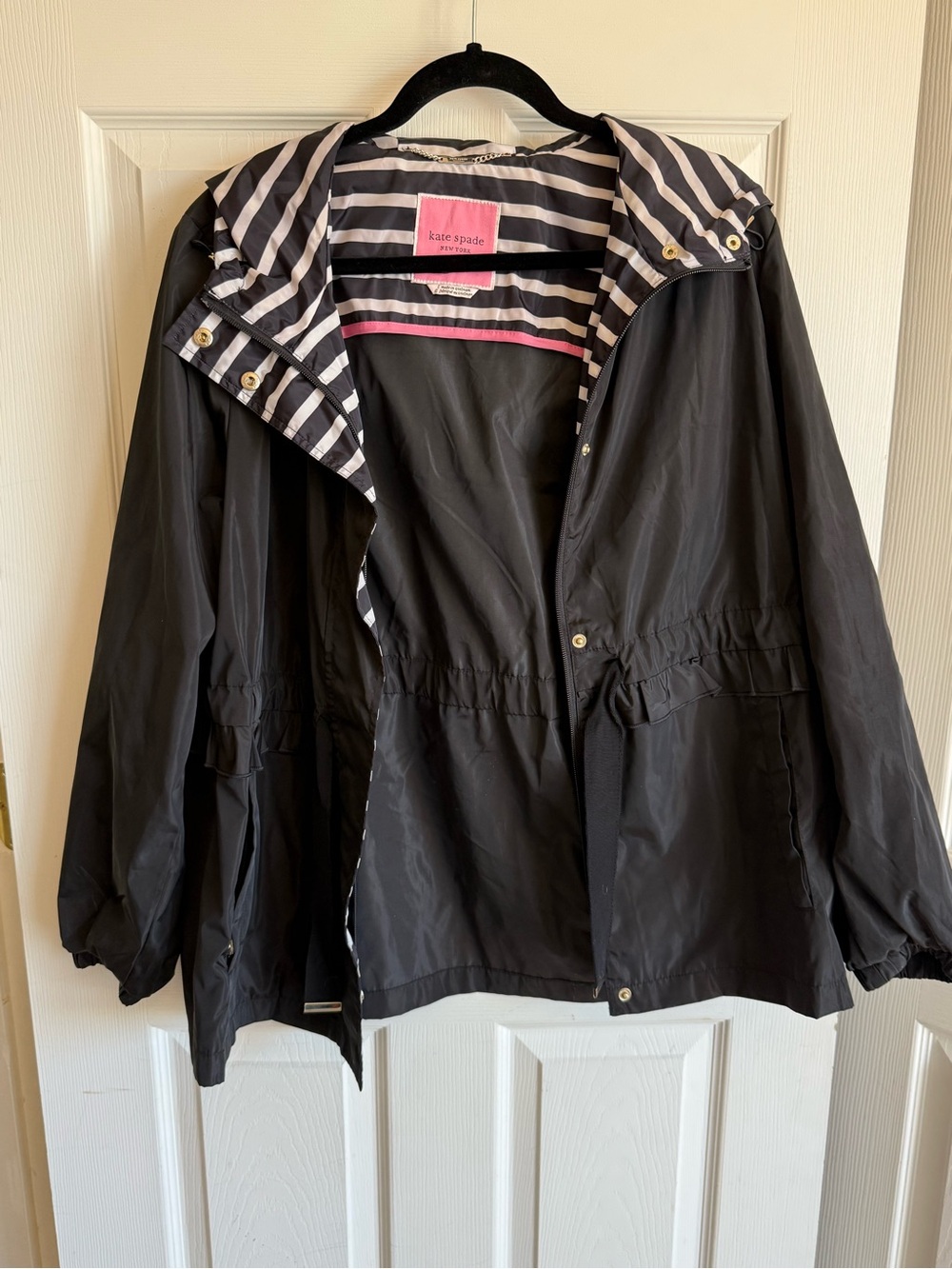 kate spade Black Hooded Utility Jacket with Striped Lining